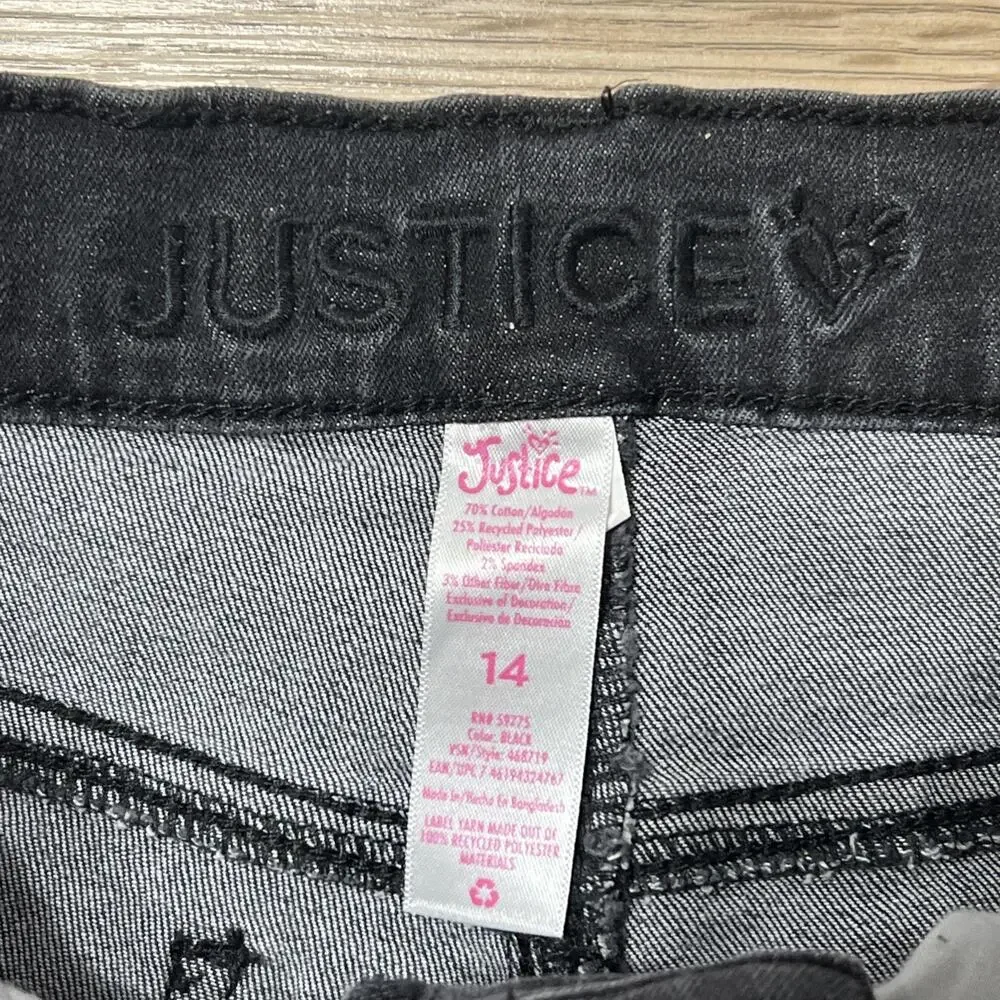 Justice Girl’s Black Washed Distressed Slim Ankle Length Jeans Size 14 (A32)